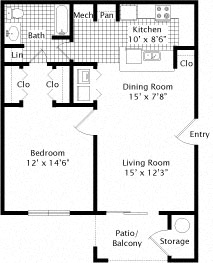 Floor plan for 1 bed, 1 bath, 763 sqft